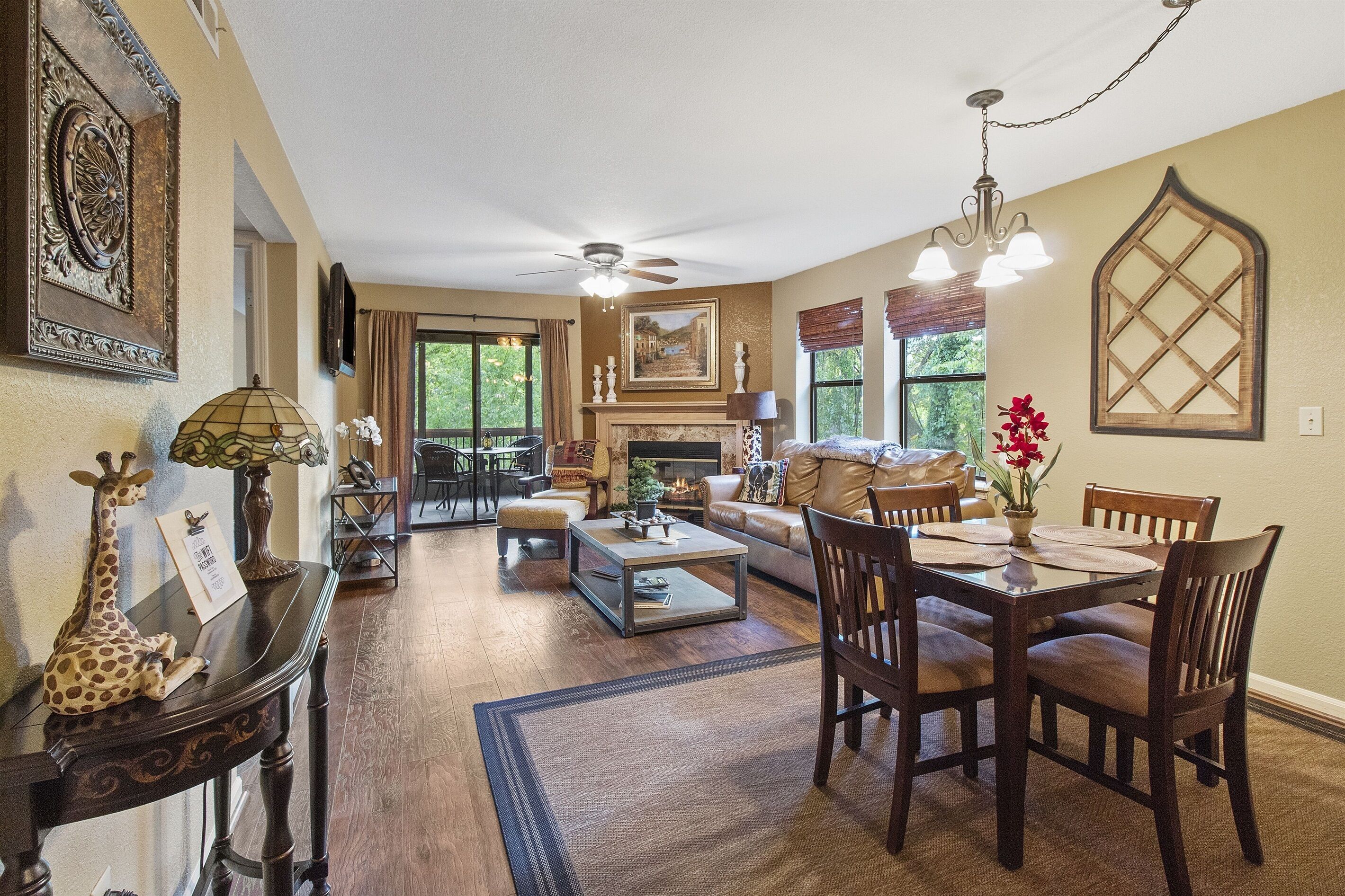 Smart TV, fireplace, DVD player, books