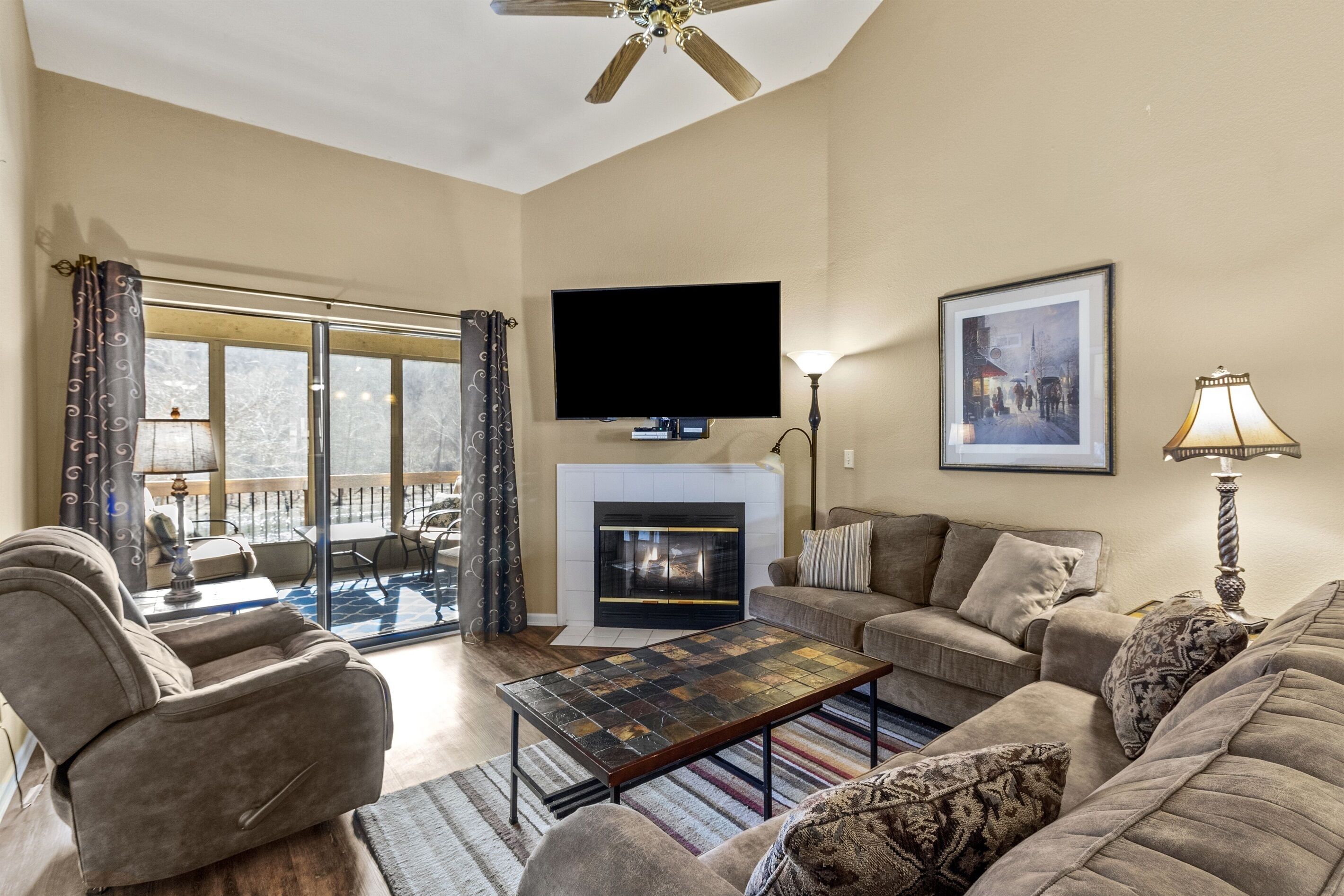 Smart TV, fireplace, books