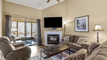 Smart TV, fireplace, books