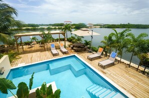 A swimming pool with lounge chairs and umbrellas, surrounded by palm trees and a view of a lake and buildings in the background.