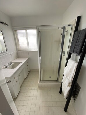 Shower, hair dryer, towels, soap