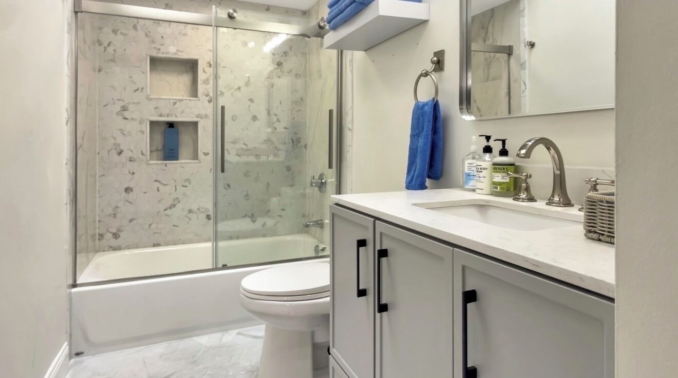 Een badkamer met een douchecabine van glas, een wit toilet, een wastafel met spiegel erboven en een handdoekhouder.