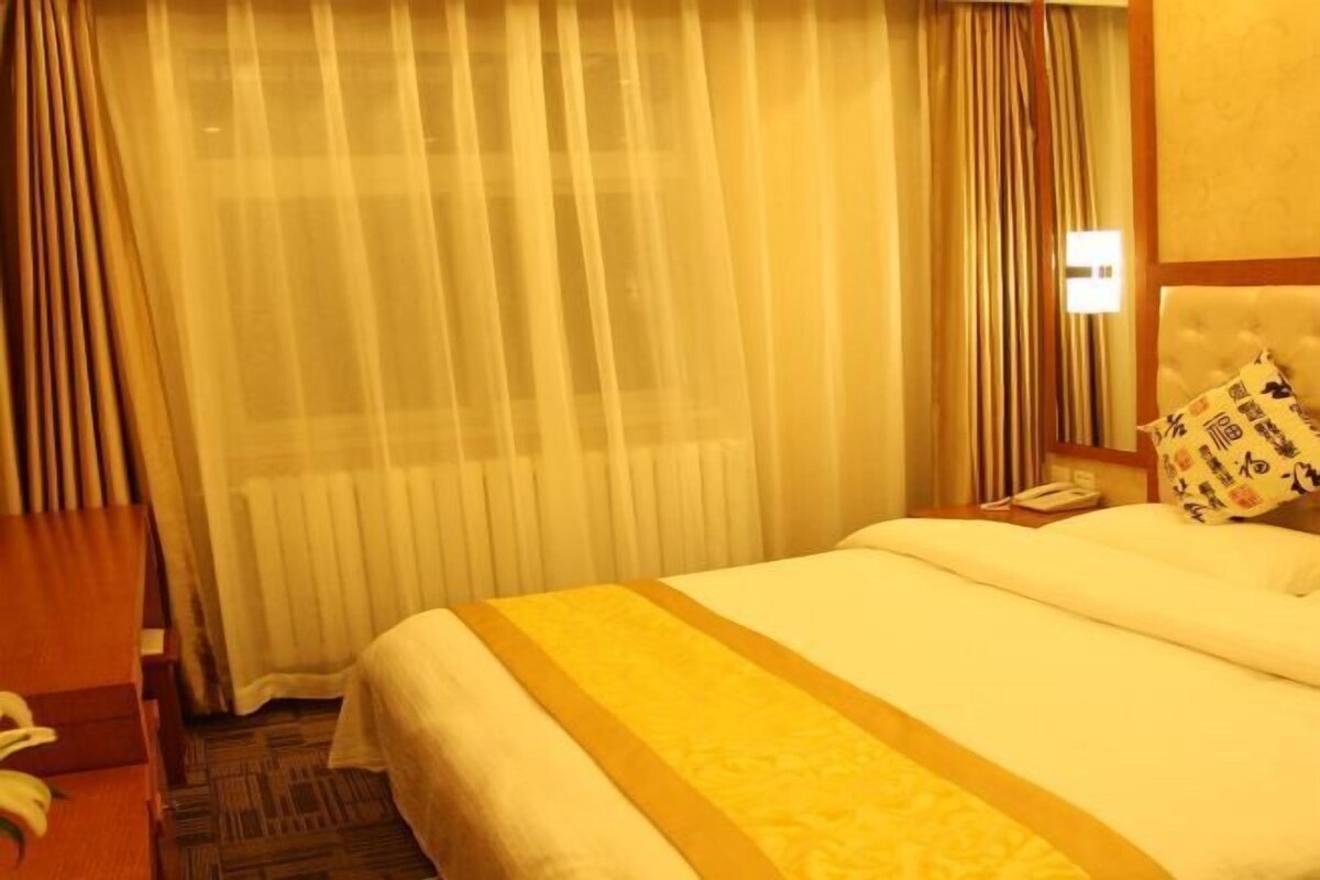 A hotel room with a bed, curtains, a radiator, a telephone, and a pillow with a pattern.