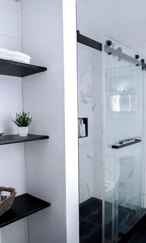 Hair dryer, towels, soap, shampoo