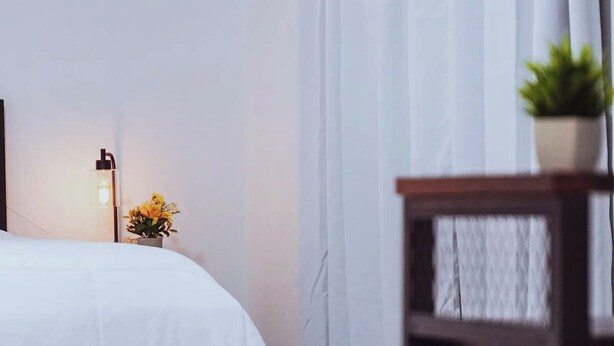 Een slaapkamer met een bed, een nachtkastje met een plantje en een wandlamp.
