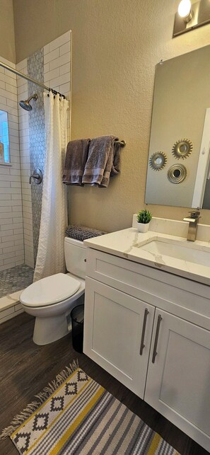 Hair dryer, towels, soap, toilet paper