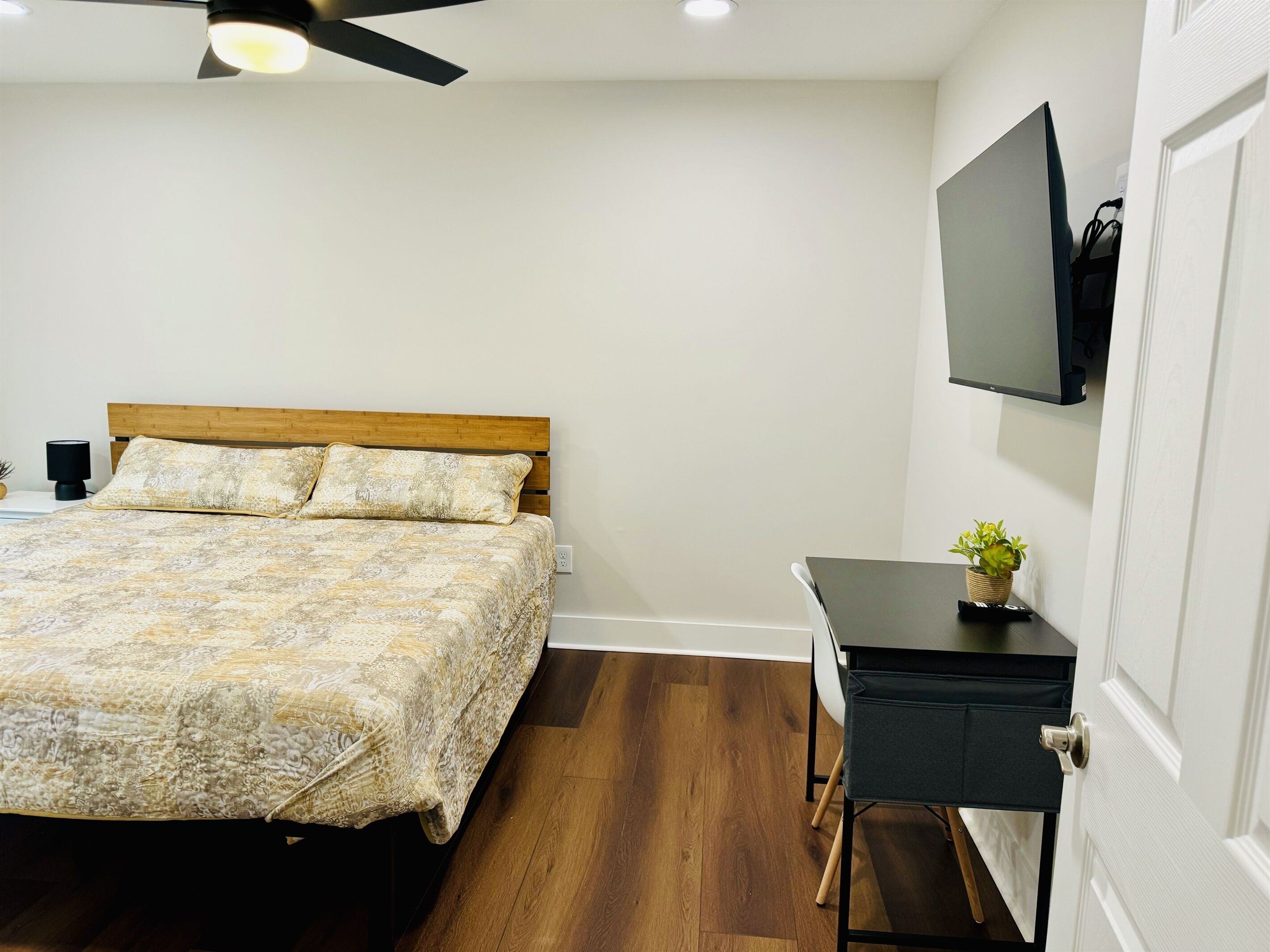 A bedroom with a wooden bed, a bedside table with a plant, a ceiling fan, and a mounted TV.
