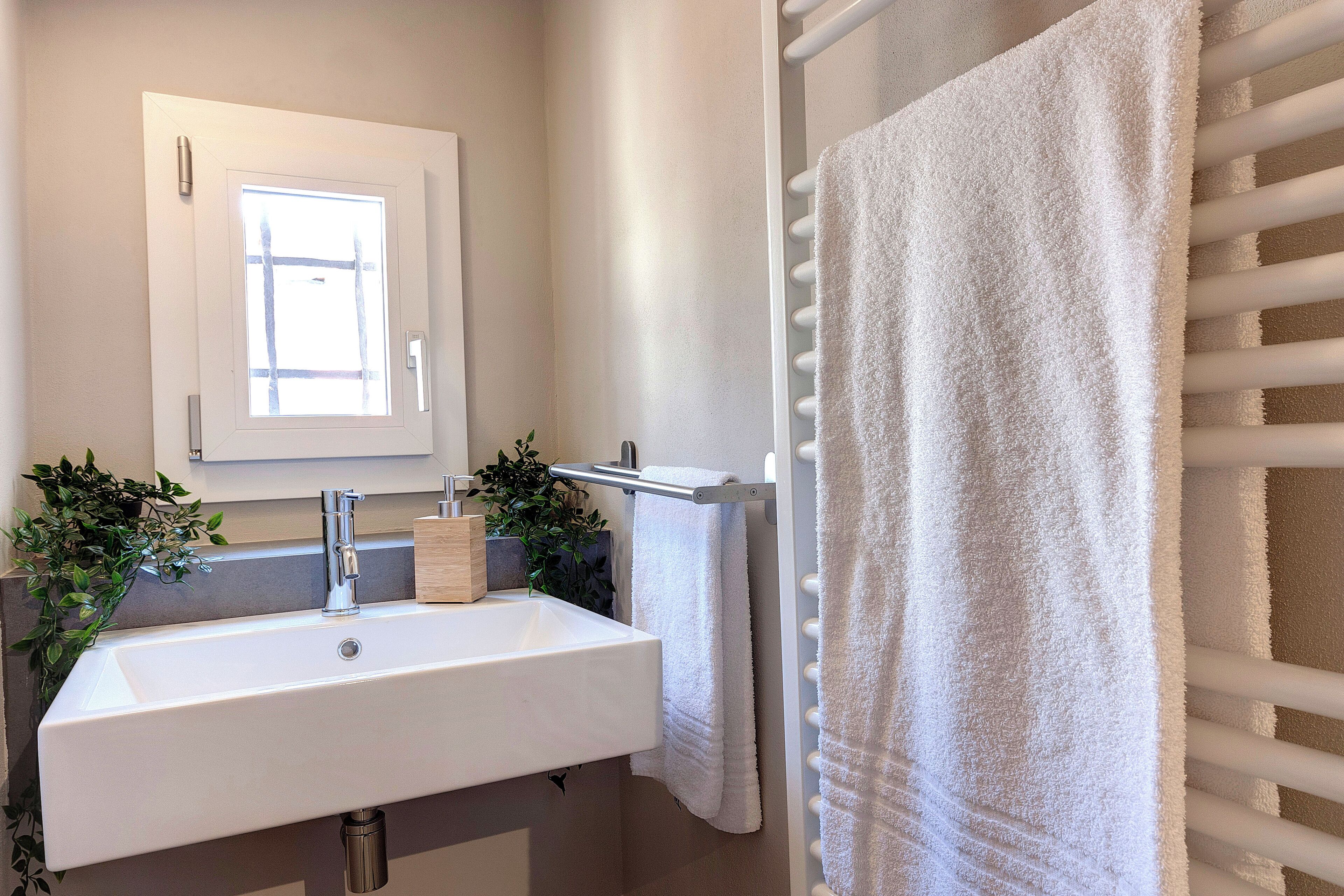 A bathroom with a white sink, a mirror, a towel rack, and a window.