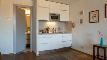 Apartamento | Cozinha americana privada | Geladeira grande, micro-ondas, cooktop, chaleira elétrica