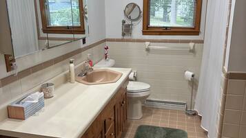 Hair dryer, towels, soap, shampoo