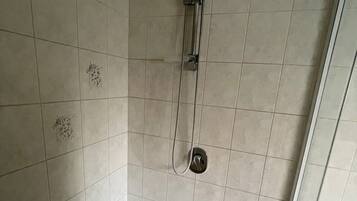 A shower area with tiled walls and floor, a showerhead, and a glass door.