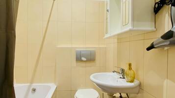 Hair dryer, towels, soap, shampoo