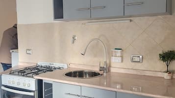 Fridge, oven, coffee/tea maker, cookware/dishes/utensils