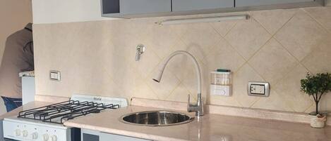 Fridge, oven, coffee/tea maker, cookware/dishes/utensils