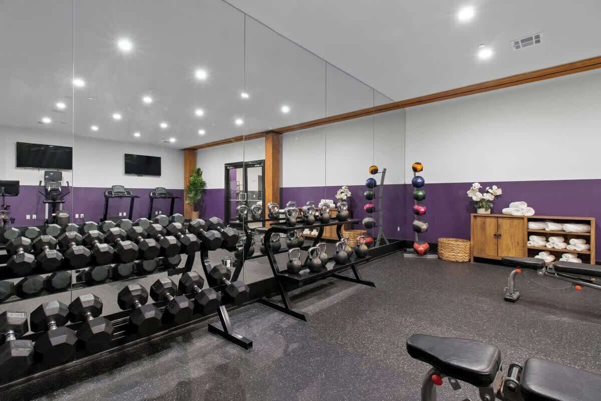 Une salle de sport équipée de matériel de musculation, avec un miroir et un téléviseur accroché au mur.