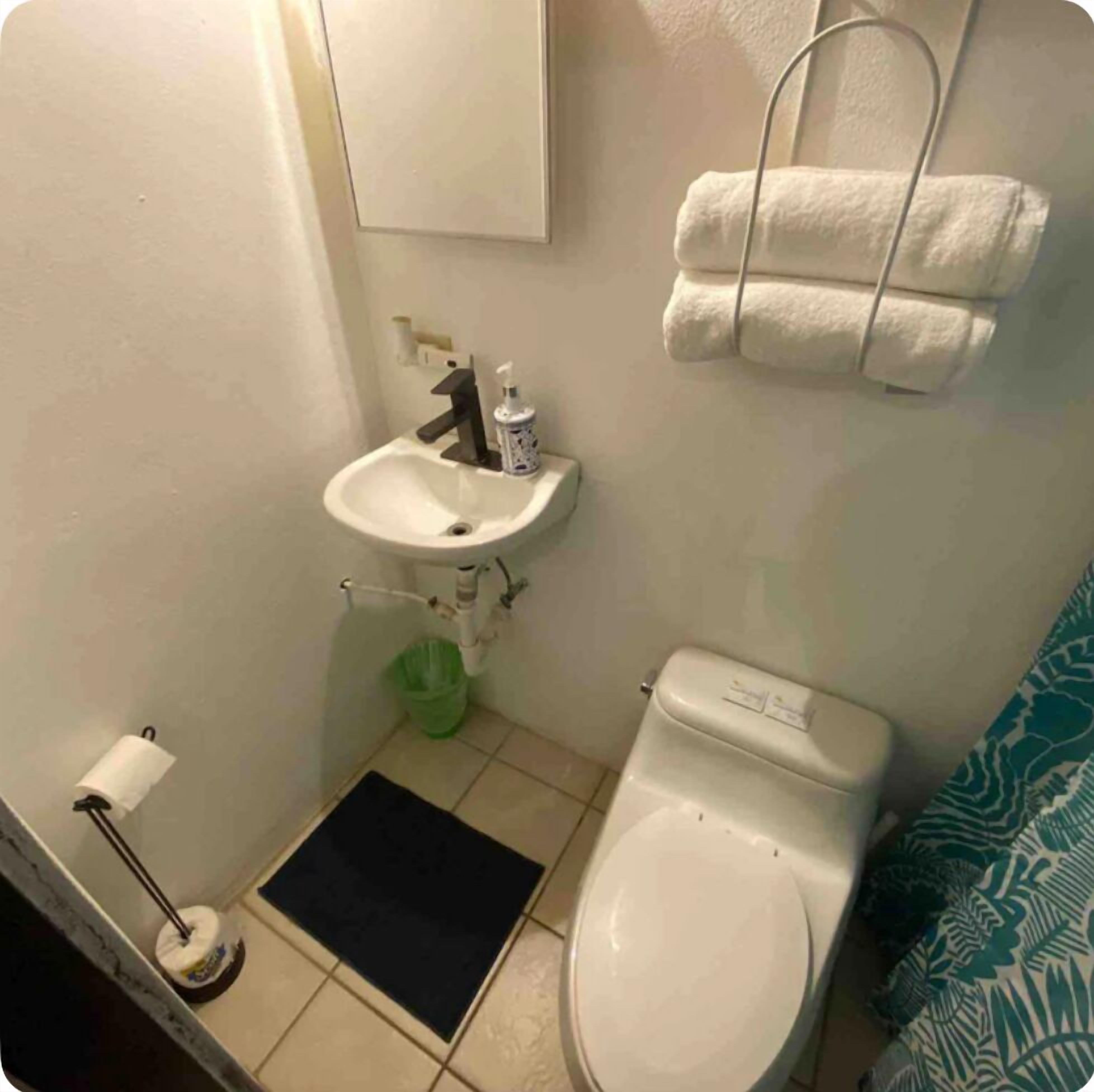 Een kleine badkamer met een wastafel, toilet en een handdoekrek.