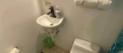 Een kleine badkamer met een wastafel, toilet en een handdoekrek.