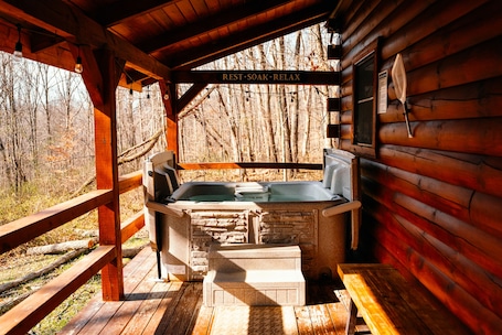 Outdoor spa tub. Birch Cabin | Hocking Hills, Cozy Escape, Hot Tub
