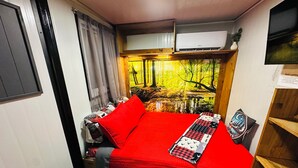 Une petite chambre comprenant un lit, un climatiseur fixé au mur, un téléviseur mural et une affiche représentant un paysage forestier.