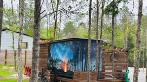 Une cabane rustique, ornée d’une fresque représentant un incendie de forêt sur l’un de ses murs, et entourée d’arbres.