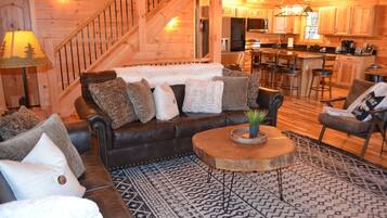 Télévision, cheminée, lecteur de DVD, baby-foot