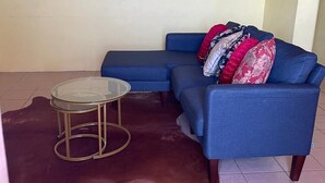 A living room with a blue sofa, a glass coffee table, and a brown rug. - Charming 2 bedroom house with AC, WIFI  (Jimmit mahaut)