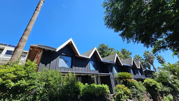 A modern building with a dark exterior, multiple gabled roofs, and surrounded by lush greenery and a tall palm tree. - Tree Story Pension (Seogwipo)