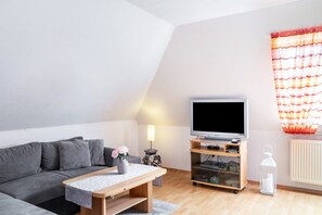 En moderne stue med en grå sofa, et træbord, et fladskærms-tv, et lille sofabord og en radiator.