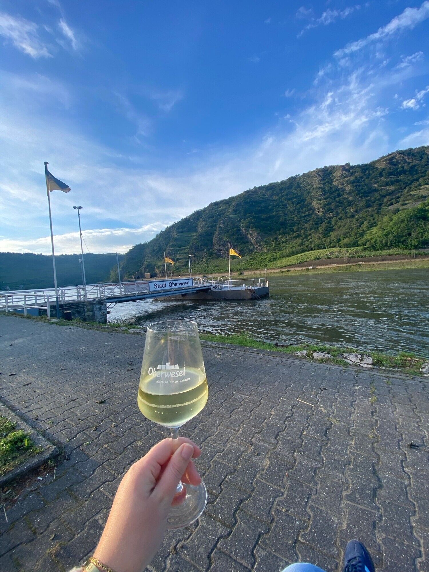 Una persona sosteniendo una copa de vino blanco, con un río y un puente al fondo.