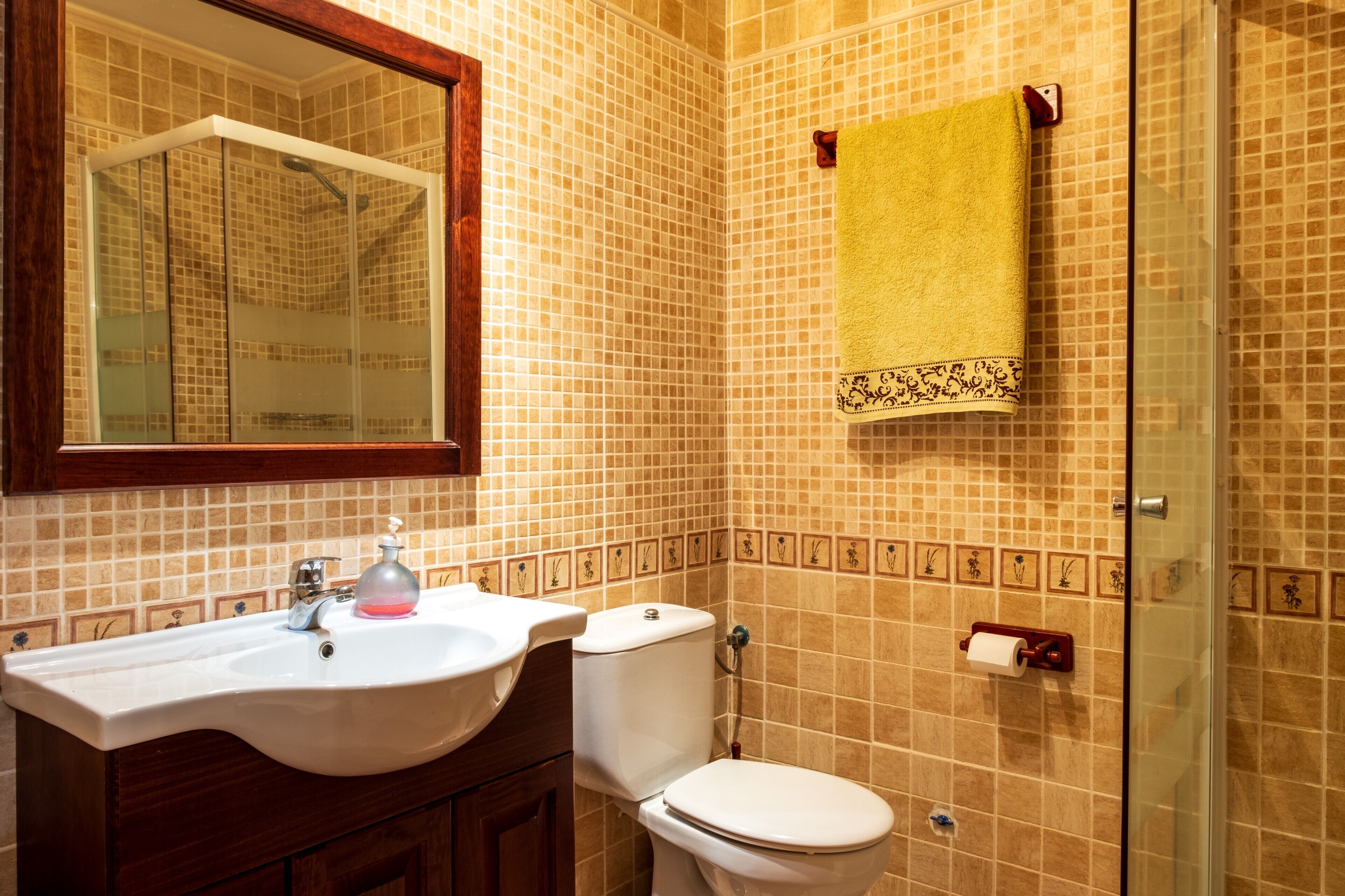 Une salle de bain avec un lavabo, des toilettes et une douche.