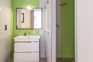 Chuveiro, secador de cabelo, toalhas de banho 