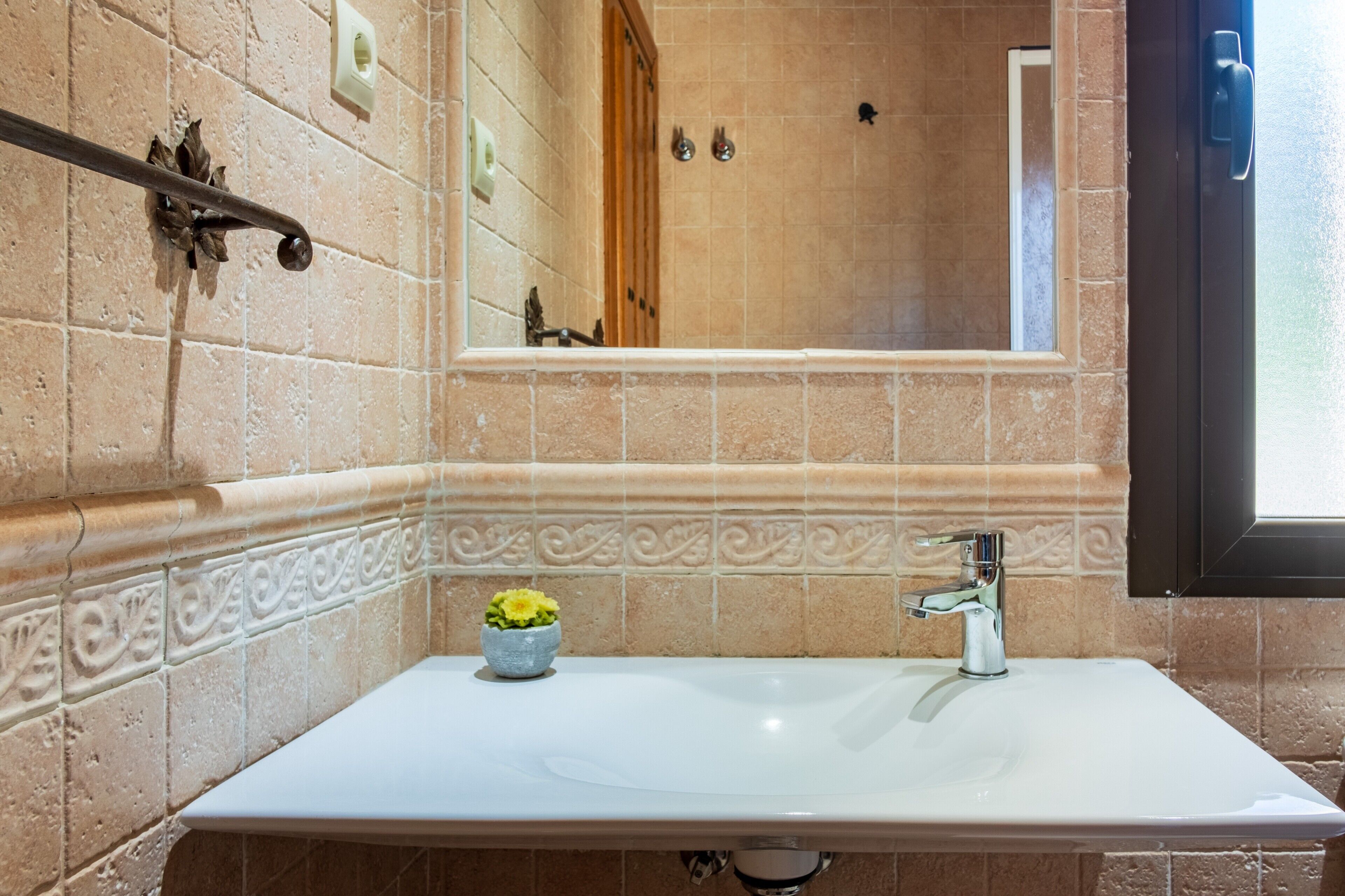 Un baño con lavabo blanco, un pequeño florero y zona de ducha.