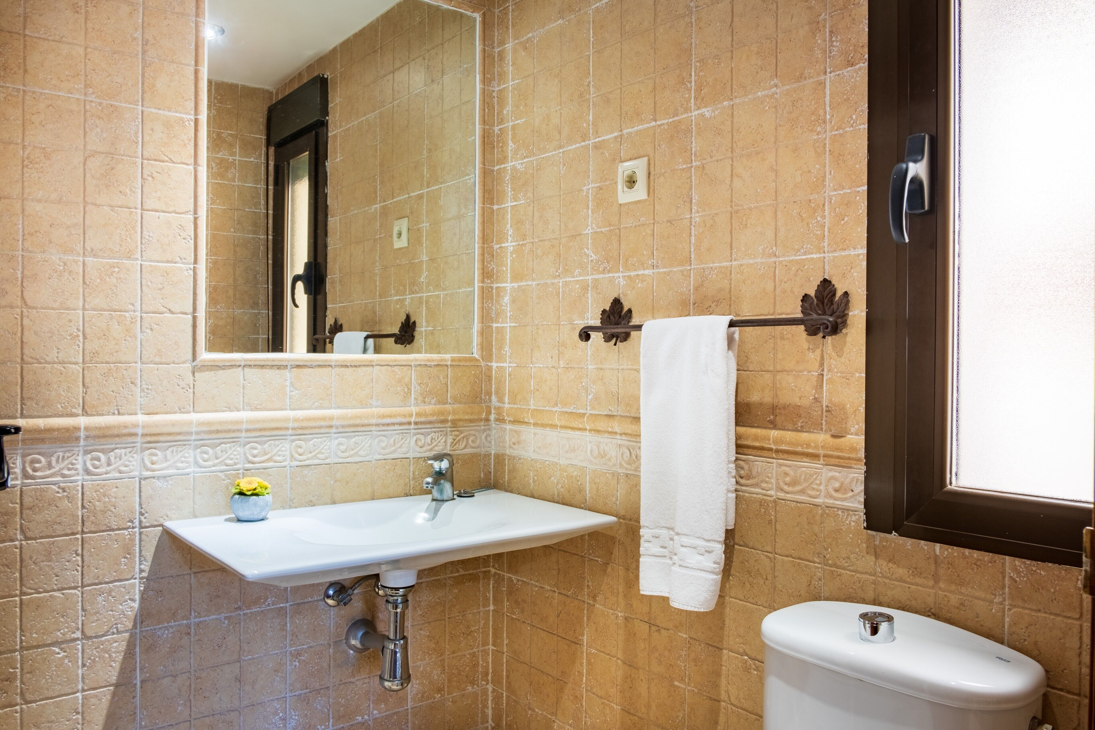 Un bagno con lavandino bianco, un water, uno specchio e un portasciugamani.