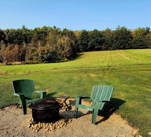 Two green Adirondack chairs and a black grill in a grassy field with a forest in the background. - 50 Acres of Adventure: Discover Walter’s Place” (Cameron)