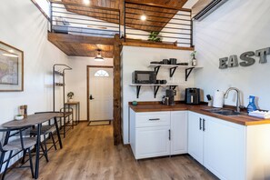 Fridge, microwave, stovetop, coffee/tea maker