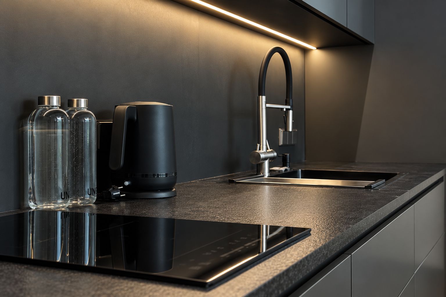 Una cucina moderna con un piano di lavoro nero elegante, un rubinetto in acciaio inossidabile e una macchina da caffè.