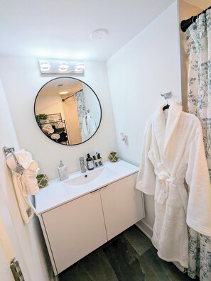 Hair dryer, bidet, towels, soap