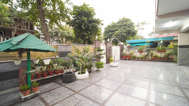 Un patio con plantas en macetas, una estructura con techo verde y piso de baldosas.
