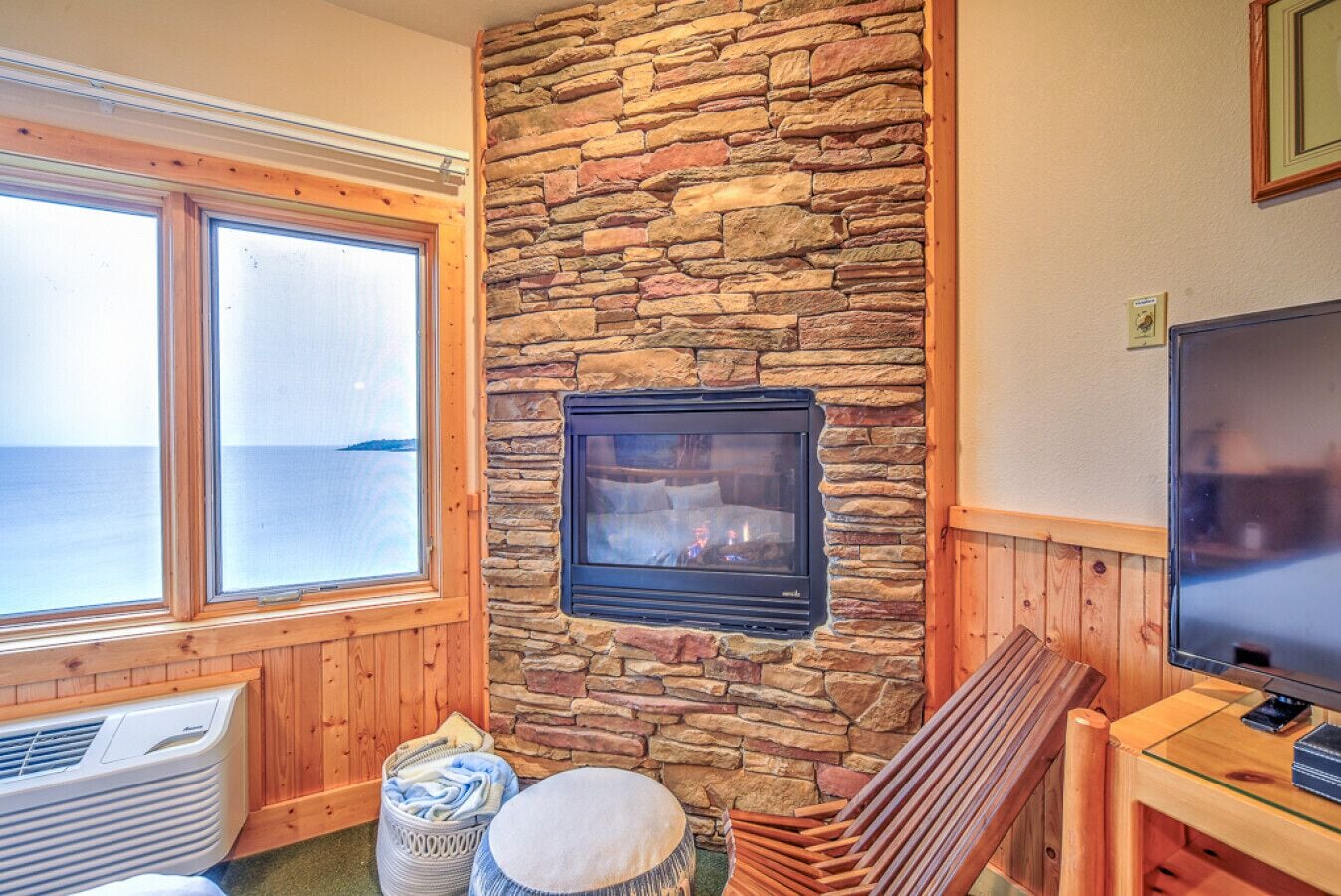 Smart TV, fireplace, books, stereo