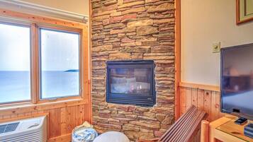 Smart-TV, Kamin, Bücher, Stereoanlage