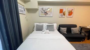 Desk, laptop workspace, blackout curtains, soundproofing