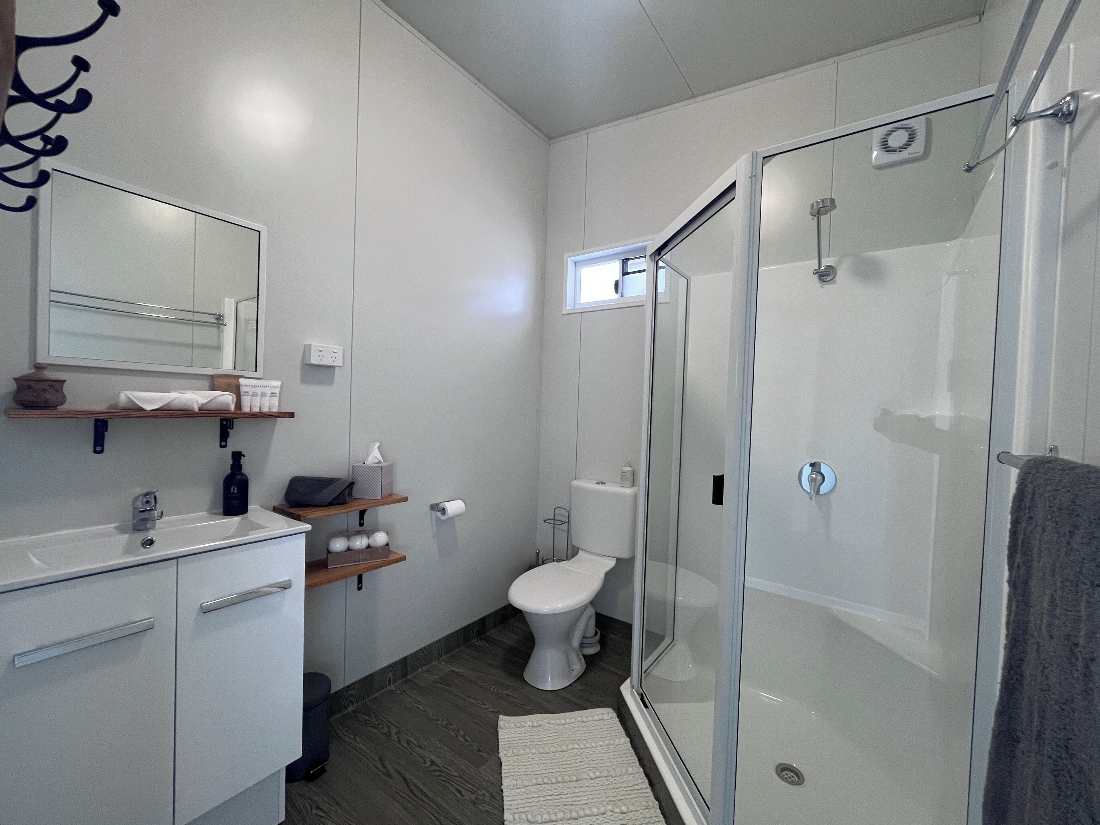 Hair dryer, towels, soap, shampoo