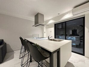 Fridge, microwave, stovetop, electric kettle