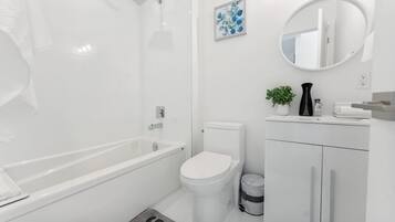 Hair dryer, bidet, towels, soap