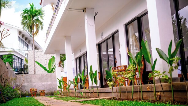 Un camino conduce a un edificio de fachada blanca, con amplios ventanales y un pequeño jardín con plantas jóvenes y sillas de madera.