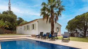 A swimming pool with lounge chairs, a palm tree, and a white building with shutters. - Stunning private villa for 6 guests with WIFI, private pool, A/C, TV and patio (Lloret De Mar)