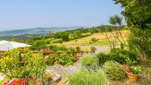 A garden with a stone pathway, wooden fence, and potted plants. - Beautiful apartment for 7 guests with pool, A/C, WIFI, TV, patio, pets allowed and panoramic view (Castellina Marittima)