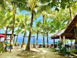 A beach resort with palm trees, a wooden fence, and a signboard with beach rules. - Treasure Beach Co.  (Carles)