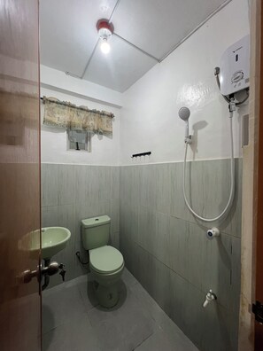 A small bathroom with a toilet, bidet, and shower. - Treasure Beach Co.  (Carles)