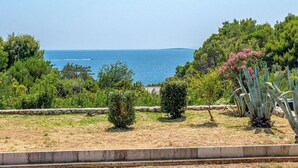 Paisaje costero con vista al mar, un muro de piedra y diversas plantas.